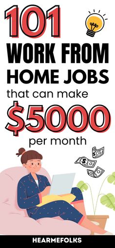 a woman sitting on top of a couch with a laptop computer in her lap and the words 1011 work from home jobs that can make $ 500 per month