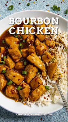 Bourbon Chicken served on rice in a big white plate Chicken Chunks Recipe Easy, Chicken Chunks Recipe, Bourbon Chicken Skewers, March Meals, Weeknight Chicken Dinner, Easy Weeknight Chicken, Brown Sugar Sauce, Bourbon Chicken Recipe, Weeknight Chicken