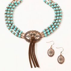 Shyanne Women's Copper Concho Tassel & Turquoise Beaded Jewelry Set Three-Layered Turquoise And Copper Beaded Choker Necklace With Concho Tassel Pendant Matching Copper Concho Dangle Earrings Two-Piece Necklace And Earrings Set Copper Link Chain With Lobster Closure Turquoise Bead Jewelry, Necklace And Earrings Set, Beaded Choker Necklace, Bead Stringing, Necklace And Earrings, Turquoise Beads, Earrings Set