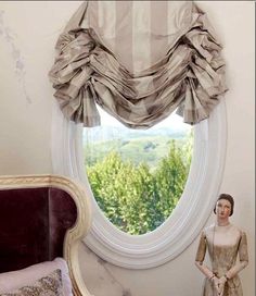 Bathroom Window Valance, Window Valance Ideas, Arched Window Treatments, Valance Ideas, Balloon Shades, Balloon Valance, Oval Window, Prince Of Darkness, Round Window