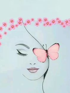 a woman's face with pink flowers in her hair and a butterfly on her forehead