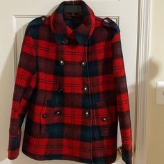 Betsey Johnson Wool Plaid Coast/ Jacket Size 10 Heart Button Details Front Side Pockets Red Collared Outerwear With Button Closure, Red Fall Outerwear With Buttons, Red Outerwear With Buttons For Fall, Red Buttoned Outerwear For Fall, Red Fall Outerwear With Snap Buttons, Red Outerwear With Snap Buttons For Fall, Red Button-up Outerwear With Snap Buttons, Red Snap Button Outerwear For Fall, Red Pea Coat With Buttons