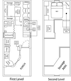 the first level and second level floor plans for a two bedroom apartment with an attached garage