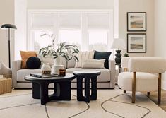 a living room filled with furniture and a white rug on top of a hard wood floor