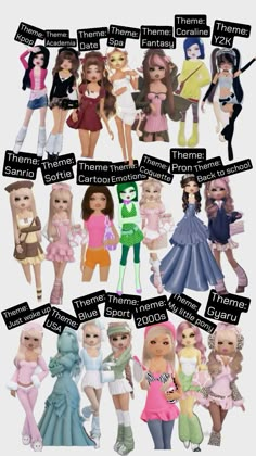 many different types of dolls are shown in this graphic style, with the names on them