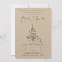 a baby shower card with a castle on it