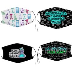 three face masks with the words science, math, and magic written on them in different colors