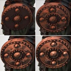 four different pictures of an old metal object with rivets and circles on it