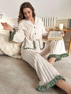 2pcs Contrast Color Ruffle Pocket Design Flannel Women Loungewear Set For Autumn & Winter Beige Casual-Woman  Long Sleeve Flannelette  Pant Sets Non-Stretch All,Fall/Winter Women Sleep & Lounge, size features are:Bust: ,Length: ,Sleeve Length: Women Loungewear, Pajamas Winter, Colorblock Pants, Boho Plus Size, Fluffy Cardigan, Home Wear Women, Home Wear Women Pajamas, Hooded Cardigan Sweater, Fleece Cardigan