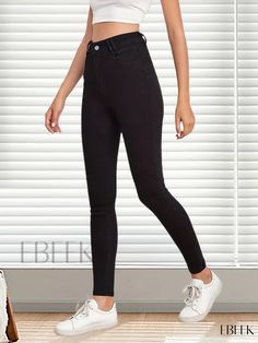 Ebeek - Womens High Rise Stretchy Black Skinny Jeans - High Waist Solid Color Tight Fit Denim Pants Tight Black Straight Leg Jeans, Casual High Waist High Stretch Jeans, Trendy Tight Full-length Jeans, Black High-stretch Mid-rise Jeans, Black High Stretch Mid-rise Jeans, High Stretch Mid-rise Black Jeans, Black High Stretch Casual Jeans, Casual High Stretch Black Jeans, Black High-waisted Slim Fit Jeans