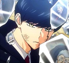 an anime character with black hair and green eyes looking to his left, surrounded by other characters