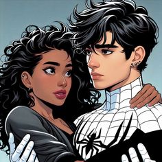 spider - man and woman hugging each other in front of a blue background with black hair