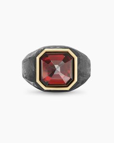 Forged Carbon Signet Ring in 18K Yellow Gold and Garnet, 17.7mm Luxury Oxidized Finish Signet Ring, Luxury Oxidized Finish Signet Ring For Men, Luxury Black Enamel Onyx Signet Ring, David Yurman Signet Ring, Luxury Men's Onyx Signet Ring, Autumn Moon, Graduation Gifts For Her, Men Ring, Rare Gemstones