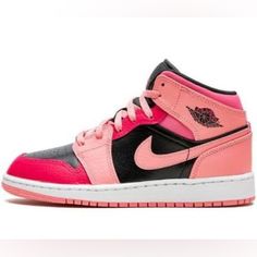 Jordan 1 Mid Coral Chalk Pink Sz 6.5y Nwb Pink Leather Basketball Shoes With Round Toe, Pink Jordan Shoes With Rubber Sole, Pink Mid-top Jordan Shoes With Boost Midsole, Pink Low-top Leather Jordan Shoes, Pink Basketball Shoes With Contrast Sole, Pink Jordan Shoes With Cushioned Footbed, Jordan 1 Mid Coral Chalk, Shoes Jordan 1, Air Jordan Basketball Shoes