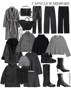 Black And Grey Capsule Wardrobe, Grey Capsule Wardrobe, Winter Wardrobe Capsule, Winter Style Outfits, Style Winter Women, Black Capsule Wardrobe, Capsule Wardrobe Winter, Vinter Mode Outfits, Dresses For Winter