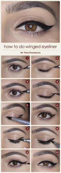 winged eyeliner ~ Only Fashion Step By Step Eyeliner, How To Do Winged Eyeliner, Teknik Makeup, Make Up Mata, Mekap Mata, Winged Eyeliner Tutorial, Eyeliner Hacks, Tutorial Eyeliner, Eyeliner Tips