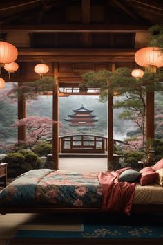 Discover serenity in this sublime temple bedroom, a dreamscape adorned with striking Japanese wall decor. The panoramic wall art draws you into a misty haven, graced with ancient temples nestled among flourishing cherry blossoms. Lanterns emit a gentle glow, casting an air of tranquility over the room. The plush bed, adorned with floral motifs, beckons amidst the traditional tatami flooring. Rich woods, fabrics, and harmonious elements conjure an enchanting refuge Japanese Bedroom Ideas Modern, Japanese Bedroom Ideas Small Spaces, Tatami Flooring, Temple Bedroom, Japanese Themed Bedroom, Japanese Bedroom Aesthetic, Asian Bedroom Ideas, Traditional Japanese Bedroom, Japan Bedroom