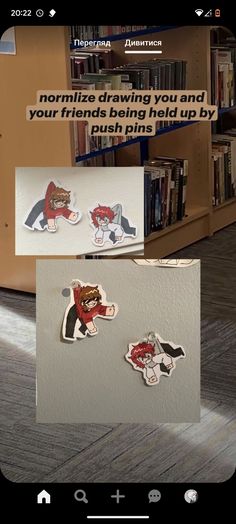 two stickers on the floor in front of bookshelves and a bookcase