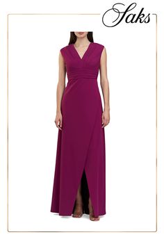 The sleeveless Melora gown from Kay Unger features a V-neck, pleating at the bodice and waist, and a tulip skirt. This piece fastens with a back-zip closure. V-neck Sleeveless Pleated bodice Pleated waist Tulip skirt Back zip closure 88% polyester/12% spandex Lining: 100% polyester Dry clean Imported SIZE  FIT About 60.5 from shoulder to hem Model measurements: 5'10 tall Model is wearing a US size Small Kay Unger, Tulip Skirt, Pleated Bodice, Tall Model, Model Measurements, Apparel Accessories, Bodice, Dress Outfits, Dry Clean