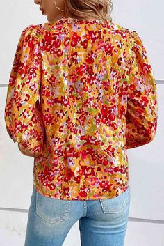 Be the life of the party in this Floral Notched Balloon Sleeve Blouse! Its oversized sleeves and unique notching will have heads turning in astonishment. Look both stylish and chic in this fun and flirty blouse! Material composition: 100% polyester Care instructions: Machine wash cold. Tumble dry low. Imported Product measurements: S: bust 36.7 in, shoulder 14.2 in, sleeve length 25 in, length 24.2 in M: bust 39 in, shoulder 14.8 in, sleeve length 25.4 in, length 25 in L: bust 41.3 in, shoulder Two Piece Set Pants, Fashion Bottoms, Blouse Sale, Balloon Sleeve Blouse, Latest Tops, Pretty Blouses, Bubble Sleeve, The Bubble, Plus Size Blouses