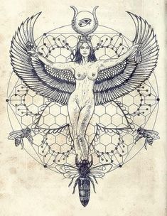 a drawing of a woman with wings on her head and body, surrounded by geometric shapes