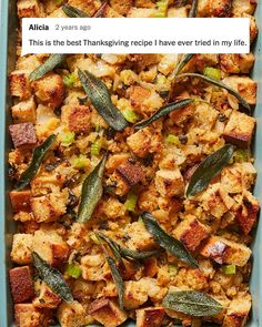 a casserole dish with meat and vegetables in it on a blue platter that says, this is the best thanksgiving recipe i have ever tried in my life