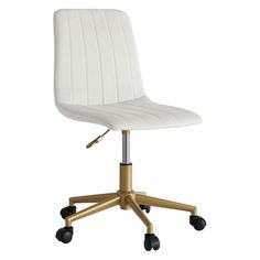 a white office chair with wheels on the bottom and an armrest that is gold