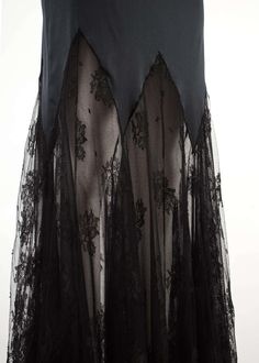 For Sale on 1stDibs - Alexander McQueen Autumn-Winter 2001 black silk and lace evening dress - drop waist - low back - black lace skirt, yoke and collar Black Lace Dress With Bias Cut, Black Lace Bias Cut Dress, Black Silk Dress With Lace Trim, Black Evening Dress With Lace Work, Skirt Yoke, Black Lace Skirt, Silk And Lace, Lace Evening Dresses, Dropwaist Dress