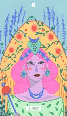 a painting of a woman with pink hair and earrings on her head, surrounded by plants