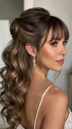 Revamp wedding hairstyles half up half down bangs with crown Wedding Curtain Bangs, Wedding Hair With Front Bangs, Half Up Bouffant Hair, Bride Earrings Hair Down Half Updo, Half Updo With Bangs Wedding, Wedding Hairstyles Half Up Half Down Asian Hair, Bride Bangs Hairstyles, Updo Hairstyles With Bangs For Wedding, Homecoming Hairstyles Bangs