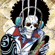 a skeleton wearing headphones and holding a skateboard in his right hand, with an afro hairstyle