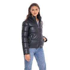 This S.E.B. by SEBBY vegan faux leather puffer jacket offers a feminine and flattering fit at a great price point. Bringing designer details and all-around comfort, this women's puffer coat will not disappoint. This puffer can be worn as a fall jacket and a winter coat even on the chilliest days. Features side entry pockets, taffeta lining, elasticized hem and cuff, and front zip closure. Available in black and toffee (brown) there is a perfect color for everyone. You are sure to fall in love wi Faux Leather Puffer Jacket, Women's Puffer Coats, Leather Jackets Online, Leather Puffer Jacket, Leather Puffer, Trendy Outerwear, Puffy Coat, Fall Jackets, Faux Leather Jackets