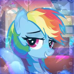 the rainbow pony is looking at something in front of it's own face and eyes