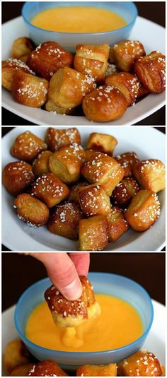 there are two pictures of different pastries on the same plate, and one is being dipped with sugar