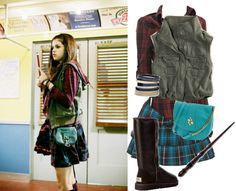 a woman in plaid shirt and green vest with blue purse next to school uniform outfit