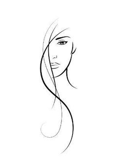 a line drawing of a woman's face with long hair and eyeshade