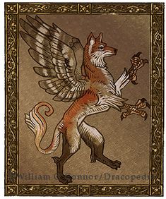 an animal with wings is depicted in a medieval style frame, which has ornate border around the edges