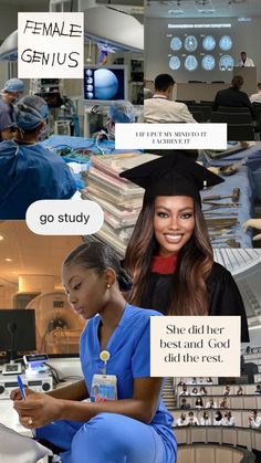 the collage shows images of people in graduation caps and gowns, with text bubbles above them