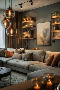 a living room filled with furniture and lots of lights hanging from the ceiling next to a window