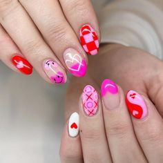 Valentines Nails Alternative, Cute Valentines Nail Designs, Bold Valentines Nails, Comic Valentine Nails, Valentines Day Nails Funky, Trippy Valentines Nails, Groovy Valentines Nails, Valentines Day Nails For Kids, Different Valentines Nails