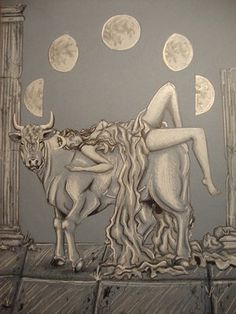 a drawing of a woman sitting on top of a cow in front of the moon