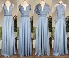 three different views of the back of a blue bridesmaid's dress with open shoulders