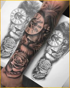 an arm tattoo with roses and clocks on the forearm, in black and grey colors