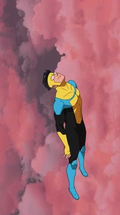 a cartoon character flying through the air with clouds in the back ground and pink sky behind him