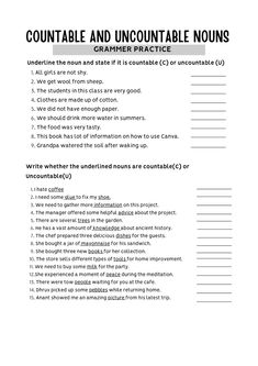 a printable worksheet with the words count and uncountable nourishment