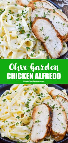 two plates with chicken alfredo on them and the title overlay reads olive garden chicken alfredo