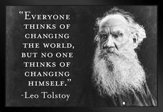 an old man with a long beard and a quote from leo tolstoy