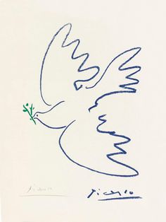 a drawing of a dove with a twig in it's beak and the word peace written on it