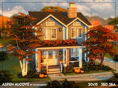 an animated house with fall foliage and pumpkins in the front yard, surrounded by trees