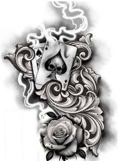 a tattoo design with roses and playing cards